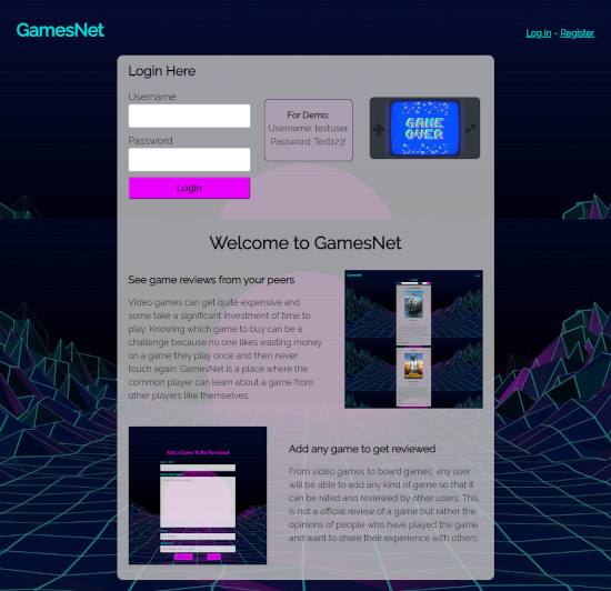 Home screen of GamesNet web app
